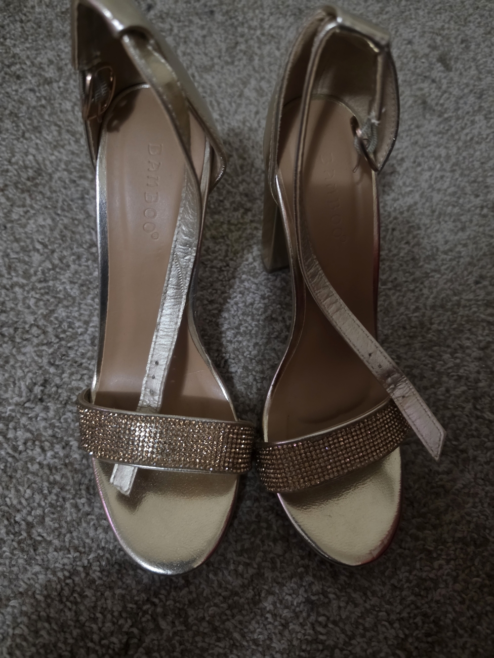 BAMBOO Gold Rhinestone Strap Block Heel Sandals